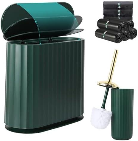 XLHOMO Small Bathroom Trash Can with Press Type Lid, Toilet Brush and Holder Set,Slim Dark Green Bathroom Garbage Can, Slim Narrow Trash Bin 2.6 Gallon Garbage Bin, 75Counts Trash Bags