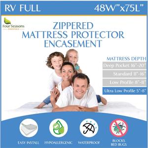 RV Short Full Mattress Protector (48 W x 75" L) Fits 5"-8" Depth - Waterproof Zippered Encasement - Fits Three Quarter 3/4 Full Mattress - Hypoallergenic Premium Bed Cover RV Short Full Mattress Protector (48 W x 75" L) Fits 5"-8" Depth - Waterproof Zippered Encasement - Fits Three Quarter 3/4 Full Mattress - Hypoallergenic Premium Bed Cover