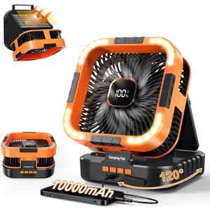 Portable Camping Fan with Solar Panel, 10000mAh Solar Powered fan, 6 Speed Levels, 120 Oscillation, 3 Light Modes, 6H Timer, Handle, Foldable Rechargeable Outdoor Fan for Tent, Hiking, Beach
