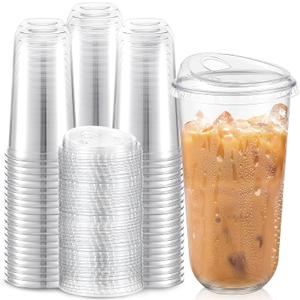 Baderke 100 Pcs Plastic Cups with Sip Lids Round Bottom Disposable Plastic Coffee Cups with Lids Clear Strawless Crystal Mugs for Iced Coffee Smoothie Cold Beverage Party Catering Supplies (20 oz)