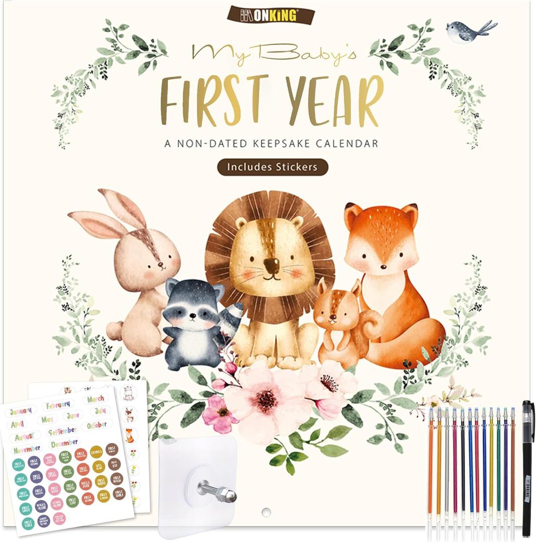 Baby's First Year Calendar with Stickers by Bright Day - 1st Year Tracker - Baby Memory Book for Girls to Document and Cherish Baby First Year Milestones,- Milestone Keepsake for Baby Boy with Pocket