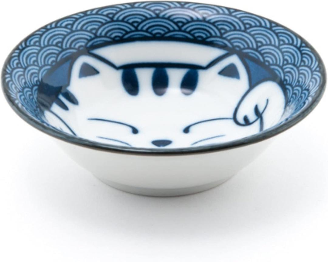 Needzo Cute Japanese Kitchenware Dish, Blue and White Lucky Meow Ceramic Microwavable Dinnerware (4.75 Dish)