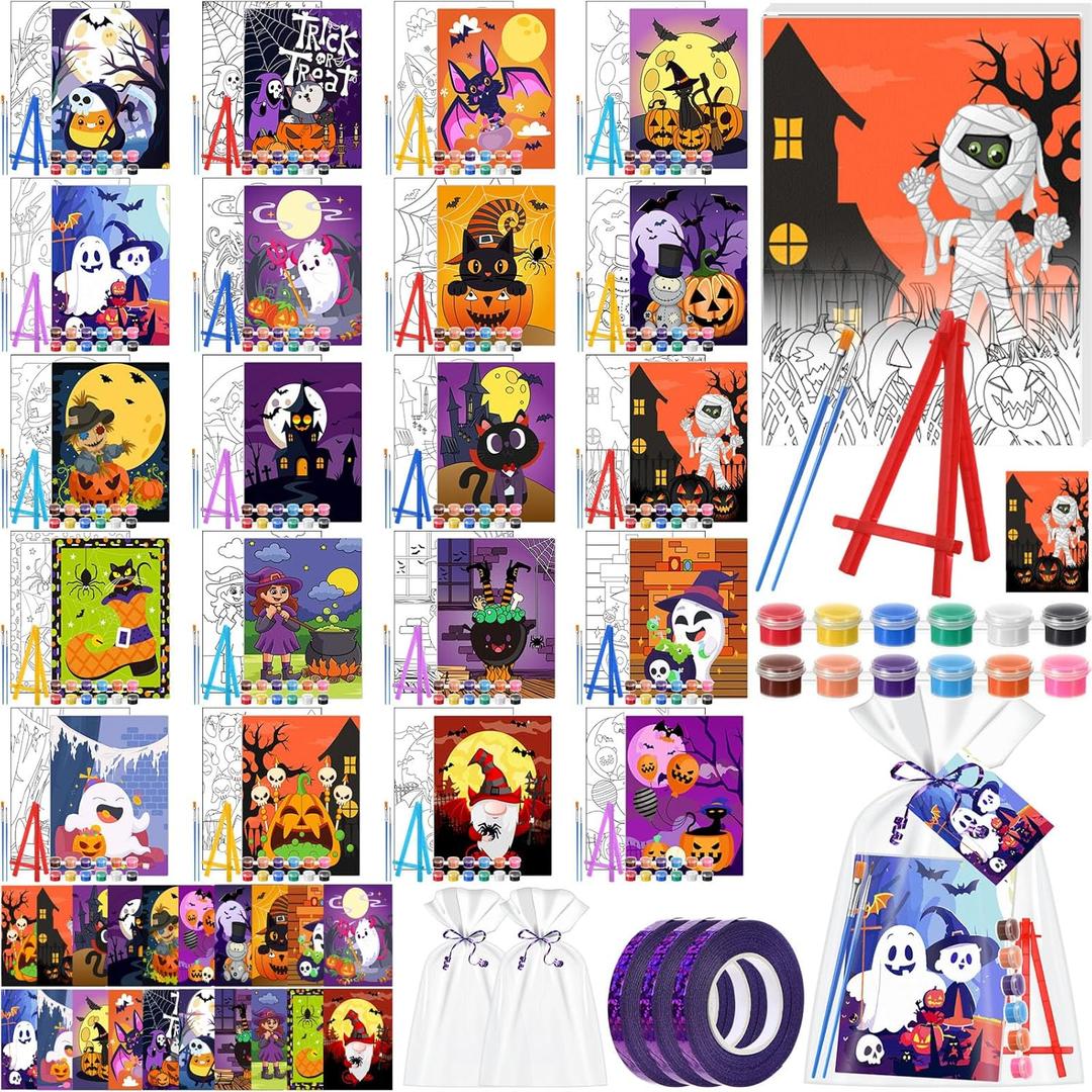 20 Sets Halloween Pre Drawn Canvas to Paint Gifts Sets 5" x 7" Witch Pre Printed Canvas with Greeting Cards Outline Panels Bulk for Beginners DIY Craft Project Party Favor Home Decors