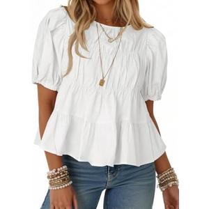 Tankaneo Womens Puff Sleeve Peplum Babydoll Tops Summer Flowy Pleated Cotton T-Shirts Casual Loose Fit Cute Blouse M
