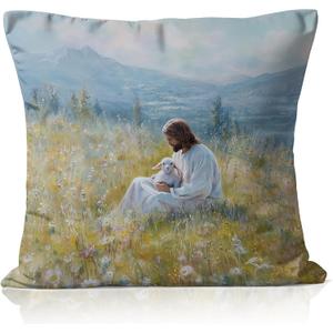 Christian Jesus and Lamb Easter Pillow Cover 18x18, Religious Easter Decor, Jesus Leaves The 99 Sheep Decorative Throw Pillow Cover Case for Prayer Home Bed Couch Sofa Living Room