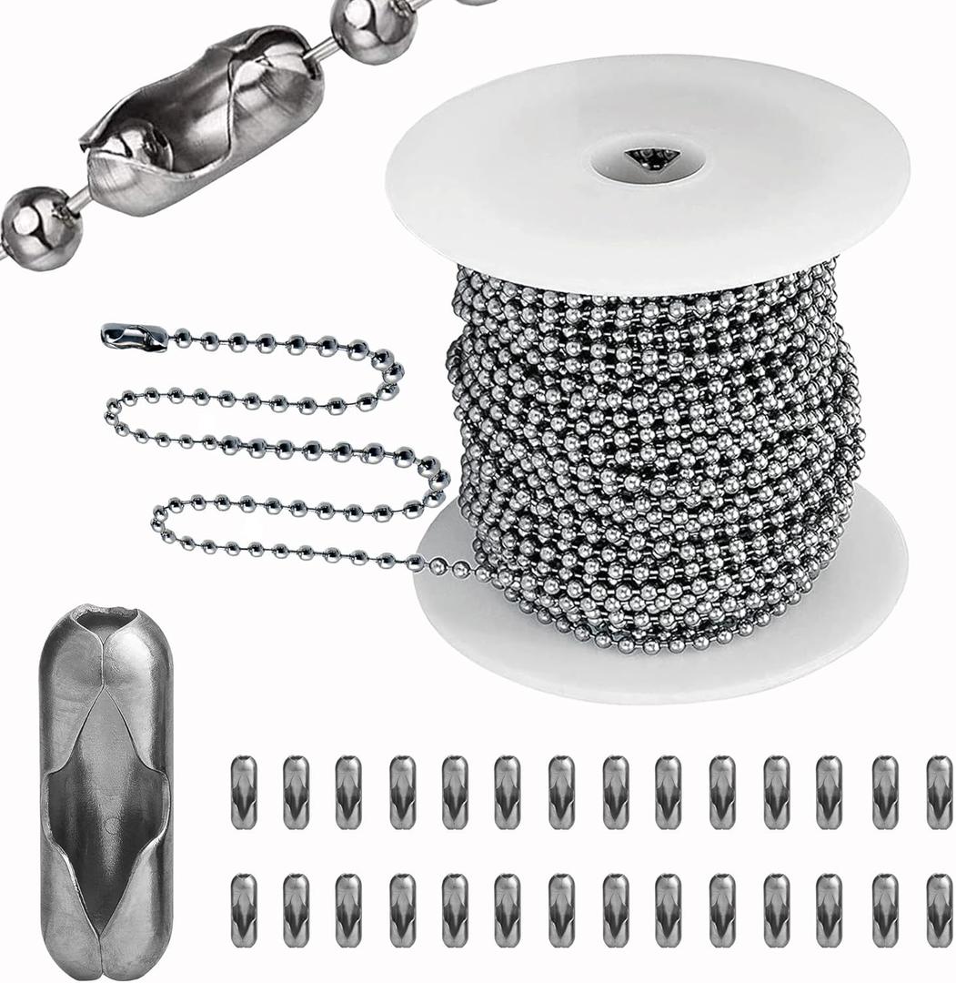 55ft Ball Bead Chain, 3.5mm Stainless Steel with 100 Connectors Clasps, Bulk Necklace for Jewelry Making, Dog Tag, Military Keychain
