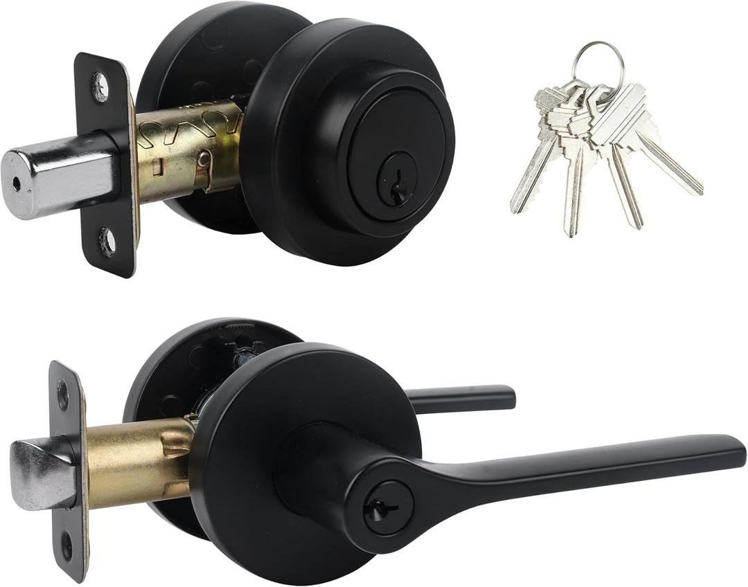 Keyed Alike Front Door Handle and Deadbolt Set,Roundness Heavy Duty Door Handle with Deadbolt Locks,Deadbolt Lock and Door Knob Set for Exterior Doors (Matte Black,1pack)