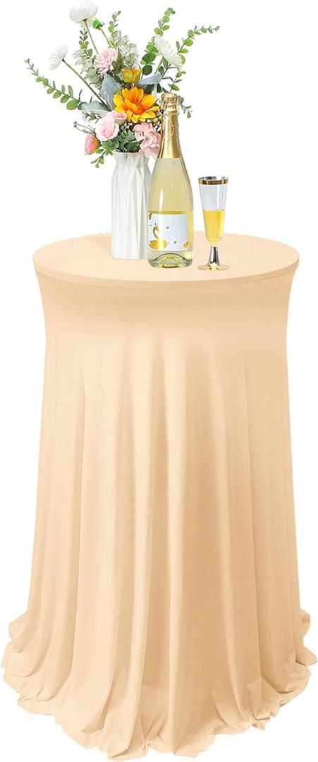 Tegeme 1 Pack 32 x 43 Inch Round Spandex Cocktail Tablecloths with Skirt Cocktail Round Table Cover Spandex Stretch Tablecloth for Fitted High Top Table Bar Wedding Party Banquet (Champagne)