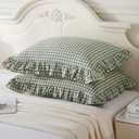Aryeleay 2 Pack Sage Green White Plaid Gingham Ruffle Pillow Shams Standard Size, 100% Washed Cotton Checkered Farmhouse Pillow Covers for Bed/Sofa-20 x26