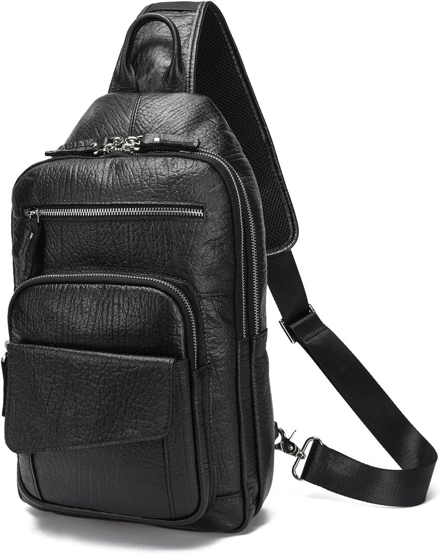 LANNSYNE Full Grain Leather Casual Sling Bag For Men Hiking/Travel/Business Crossbody Chest Bag Fits 12.9" iPad