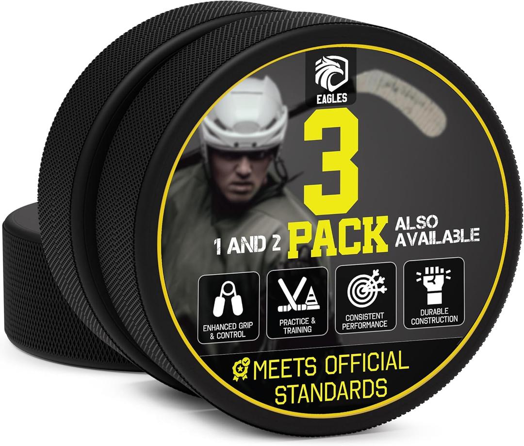 EAGLES Ice Hockey Pucks 1, 2, 3, 6 or 50 Pack | High Grade Pucks Official Regulation Weight & Size for Practice & Classic Training - 6 oz Diameter 3" Thickness 1" Black Hockey Puck Roller Hockey