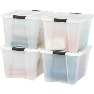 IRIS USA 54 Qt Stackable Plastic Storage Bins with Lids, 4 Pack - BPA-Free, Made in USA - Discreet Organizing Solution, Latches, Durable Nestable Containers, Secure Pull Handle - Pearl