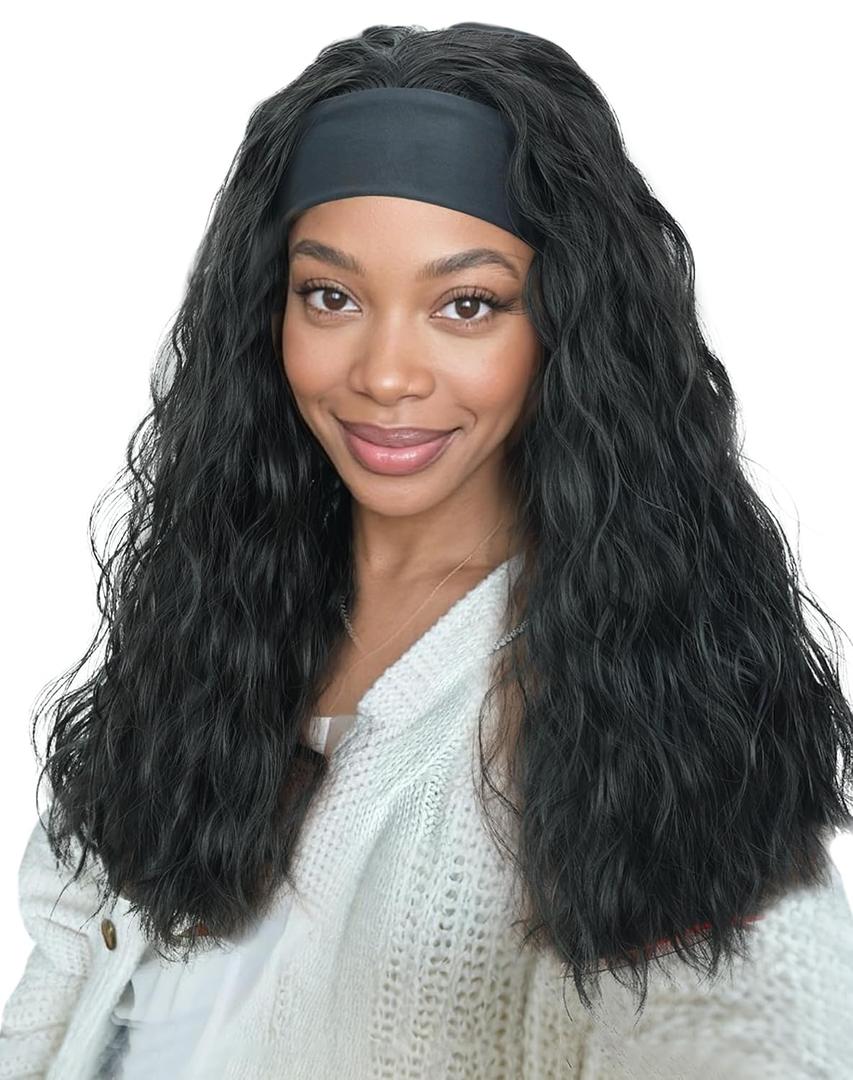 QUEENTAS 20 Inch Loose Body Wave Headband Wig, 1B Natural Black for Black Women, Glueless Wear and Go Synthetic Heat Resistant Hair, Daily Use & Dating