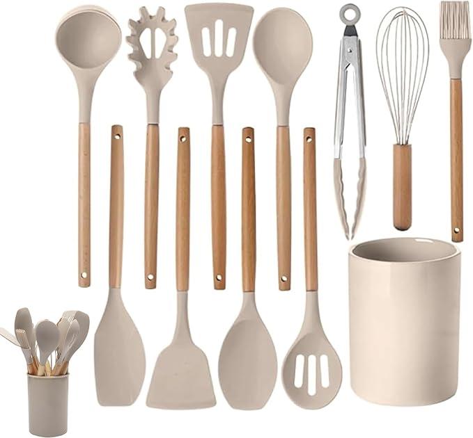 Silicone Cooking Utensils Set - 446F Heat Resistant Kitchen Utensils,Turner Tongs,Spatula,Spoon,Brush,Whisk,Kitchen Utensil Gadgets Tools Set for Nonstick Cookware,Dishwasher Safe (BPA Free) (Khaki)