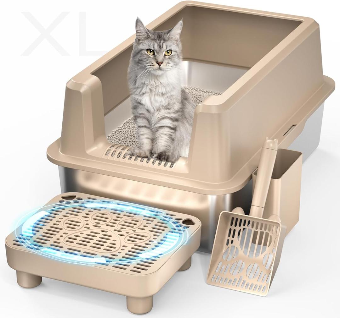Enclosed Stainless Steel Cat Litter Box, Extra XL Large with Lid, Metal Litter Box with High Sided, Easy Clean, Odorless, Anti-Urine Leakage, Includes Scoop (Khaki)