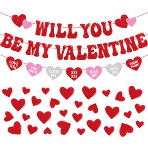 Will You Be My Valentine Banner Happy Valentines Day Party Decoration Be My Valentine Garland Glitter Red Heart Shaped Decorations Engagement Wedding Anniversary Party Supplies