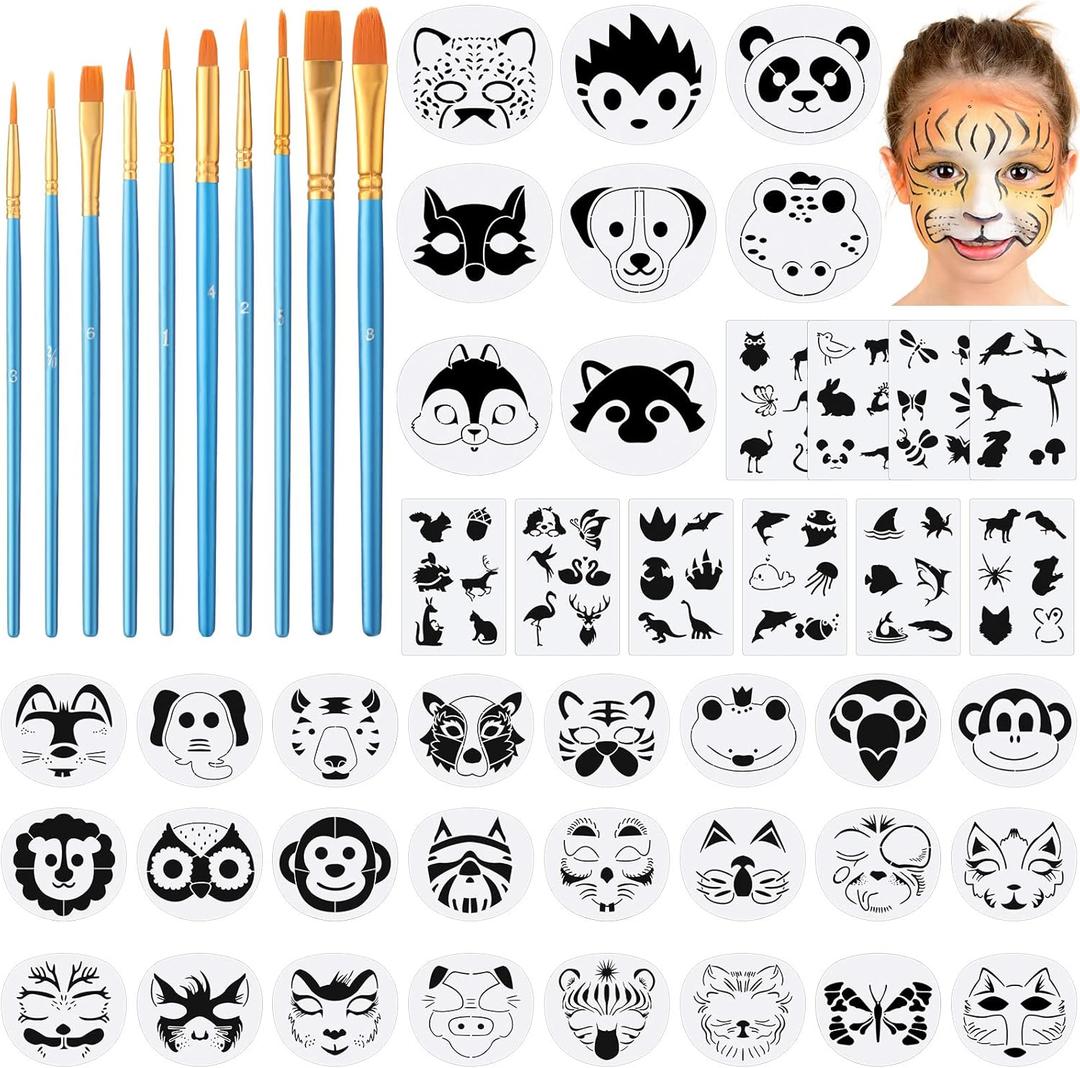 52 Pcs Face Paint Stencils Kit 32 Large Reusable Face Painting Stencils10 Body Sheets Tattoo Templates Stickers 10 Brushes for Halloween Birthday Party Festival Makeup DIY Drawing Art(Animal Style)