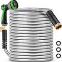 200Ft Metal Garden Hose durable stainless steel Water Hose, flexible, lightweight hose is resistant to kinks and tangles. With 10-way nozzle, strong 3/4 metal fittings, and a Stop Valve. (Silver)