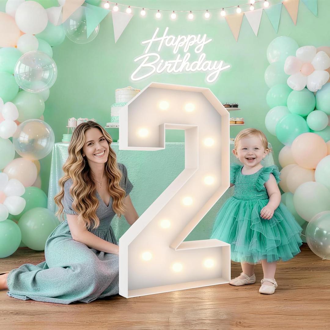 3FT Marquee Light Up Numbers 2,Party Decoration Large Marquee Light Up Letters with Weighted Water Bag,Pre-cut Foam Board Set Can Be Used for Birthdays,Weddings,Baby Anniversaries