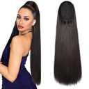 SEIKEA 28" Ponytail Extensions Drawstring Long Straight Fake Pony Tail Natural Soft Clip in Hair Extension Synthetic Heat Resistant Hairpiece - Black Brown