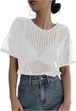 SHENHE Women's Striped See Through Mesh Crew Neck Short Sleeve Sheer Sexy Tee Top White Medium