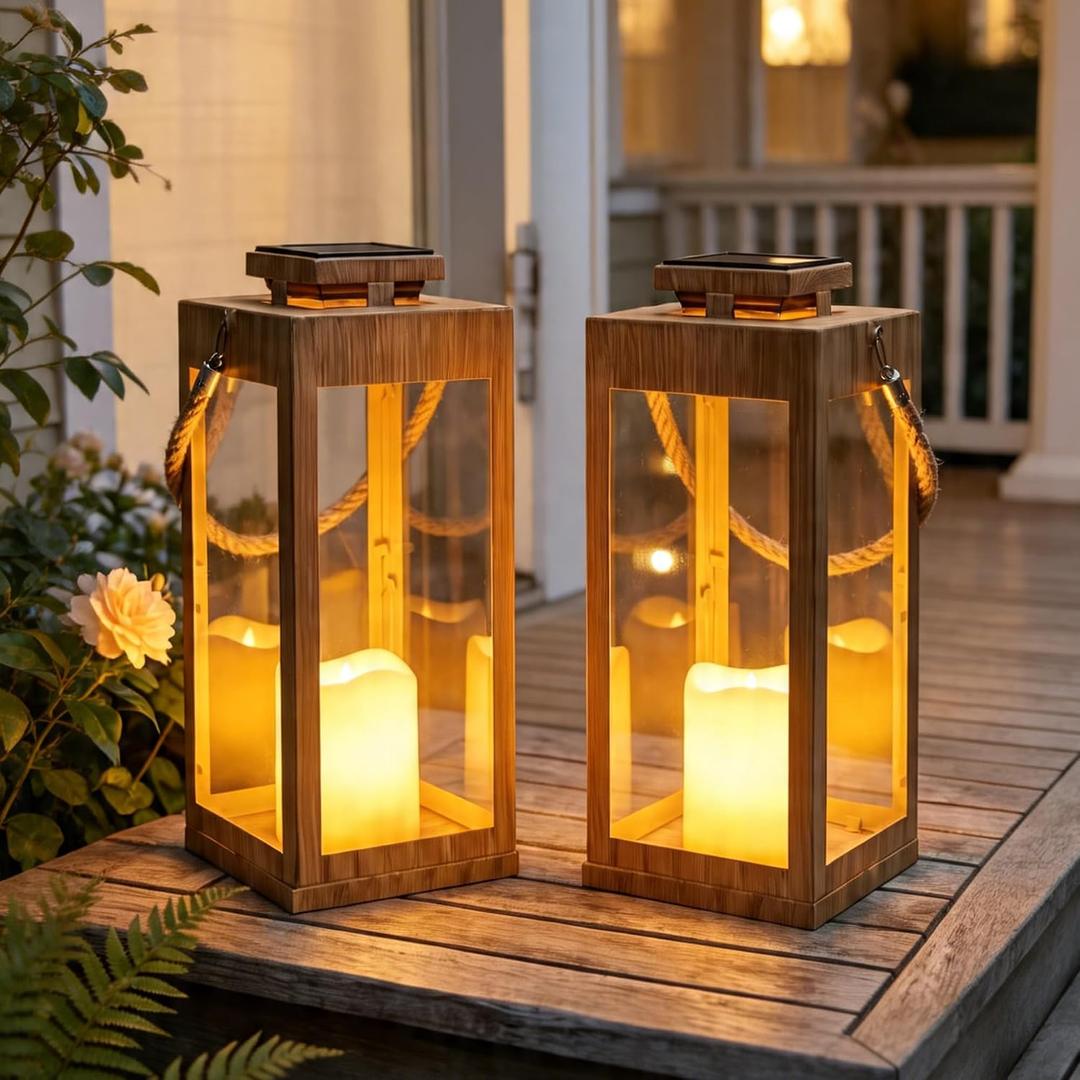 Solar Lanterns Outdoor Waterproof, 2Pack 13" Metal Decorative Lanterns with LED Flickering Flameless Candle Hanging Solar Lanterns Lights for Garden Patio Table Front Porch Party Wedding Decor