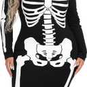SPOOKYACULAR Womens Plus Size Skeleton Dress Fun Spooky Halloween Costume Stretchy Long Sleeve Midi Bodycon Dress Fitted Party Outfit, XXL