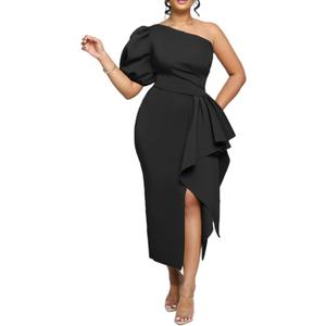 Cololura Women's Sexy Elegant One Shoulder Lantern Sleeve Slit Ruched Maxi Dress Bodycon Formal Cocktail Party Gown (2 XL, Black)