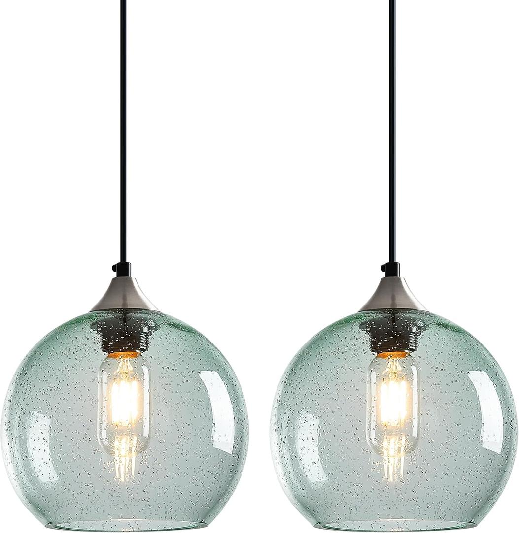 Light Green Glass Pendant Lights Kitchen Island Lighting Globe Pendant Light Fixtures Modern Pendant Lighting for Bedroom Living Dining Room Light Fixture (7.87 in, 2 Pack)