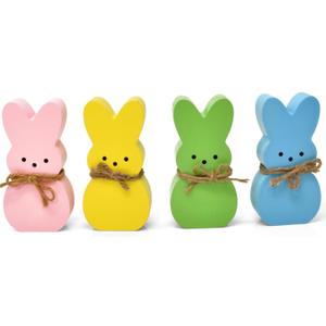 Easter Decorations, Himmel 4PCS Peeps Decor, Easter Wooden Signs for Tiered Tray, Easter Table Decorations Rustic Freestanding Tabletop for Indoor Gift and Dinning Room