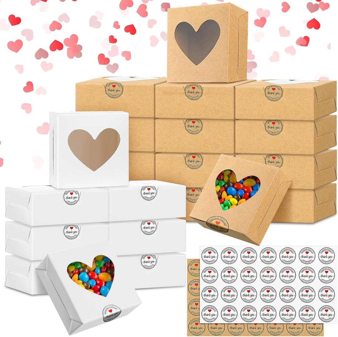 Sinmoe 50 Pcs Valentine Party Favors Gift Boxes Heart Shaped Candy Boxes with Window Bulk Valentines Day Bakery Treats Containers Kraft White and Brown Packaging Cases with Stickers for Wedding