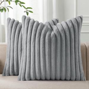 Pallene Faux Fur Plush Throw Pillow Covers 16x16 Set of 2, Luxury Soft Fluffy Striped Decorative Pillow Covers for Sofa, Couch, Living Room, Grey