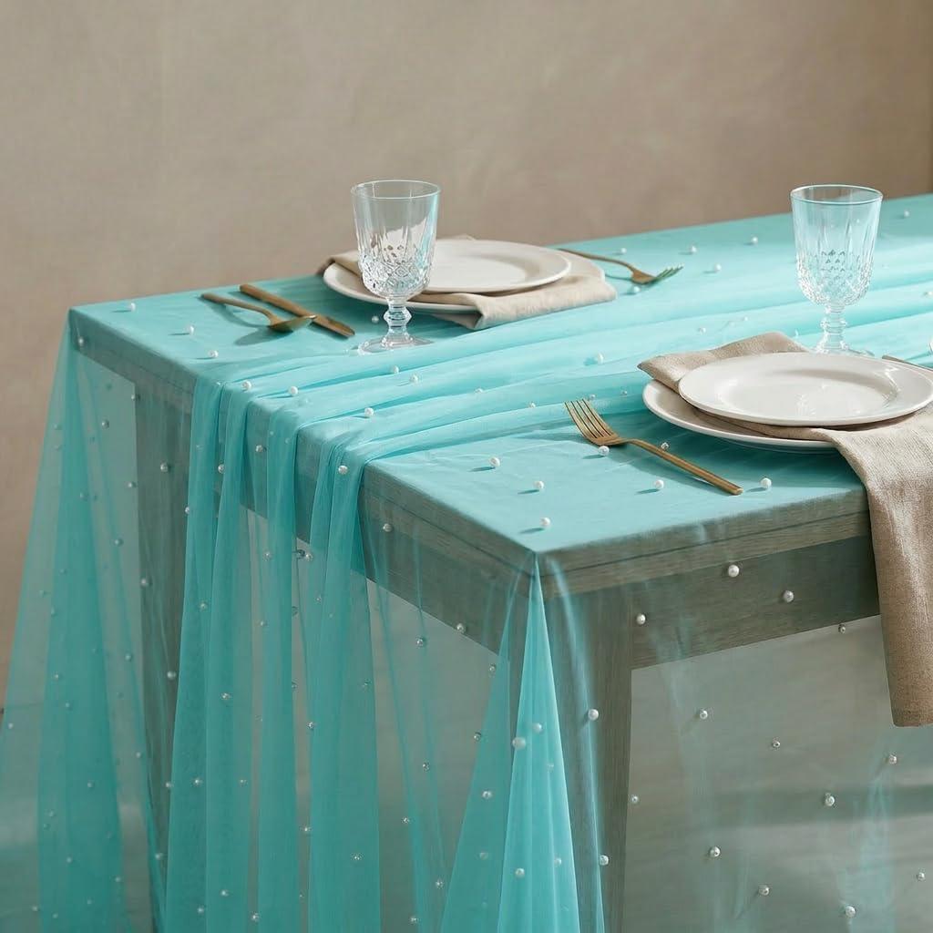 Horaldaily White Pearl Turquoise Gauze Tablecloth, 60×84 Inch Rectangular, Spring Summer Tulle Lace Cheesecloth, Bridal Shower Table Cover for Wedding Birthday Table Decor