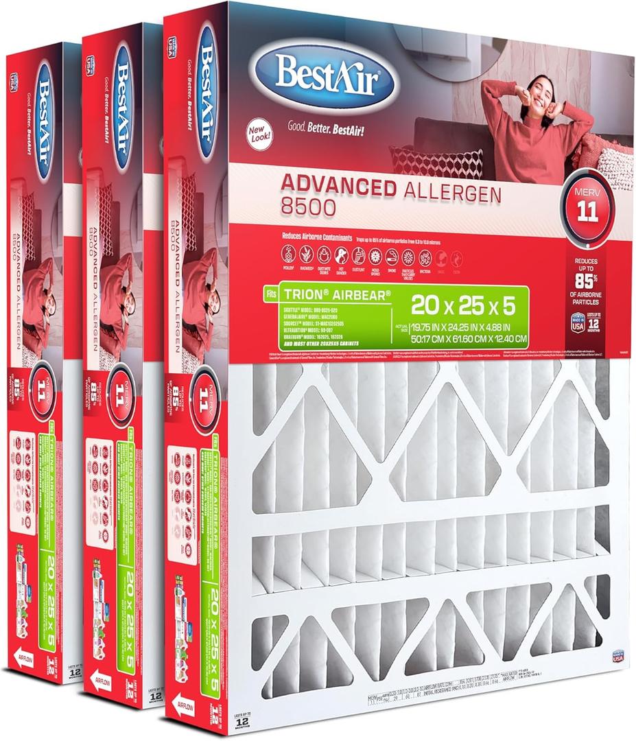 BestAir 20x25x5 MERV 11 AC Furnace Air Filter (3-Pack), Fits Trion Air Bear, Supreme, Skuttle, GeneralAire, Source1, Ultravation & Braeburn Models, Made in USA, Actual Size 19.75" x 24.25" x 4.88"