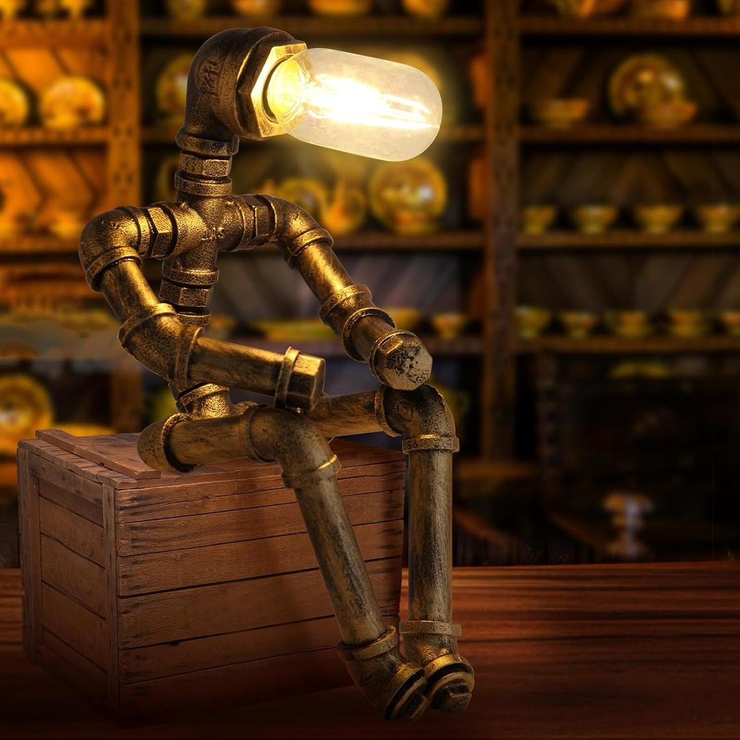 Steampunk Decor Table Lamp for Men Unique Creative Robot Style Desk Lamp,Vintage Industrial Metal Pipe Water Pipe Light, Home Decor Ideal for Bedrooms, Study (Bronze B)