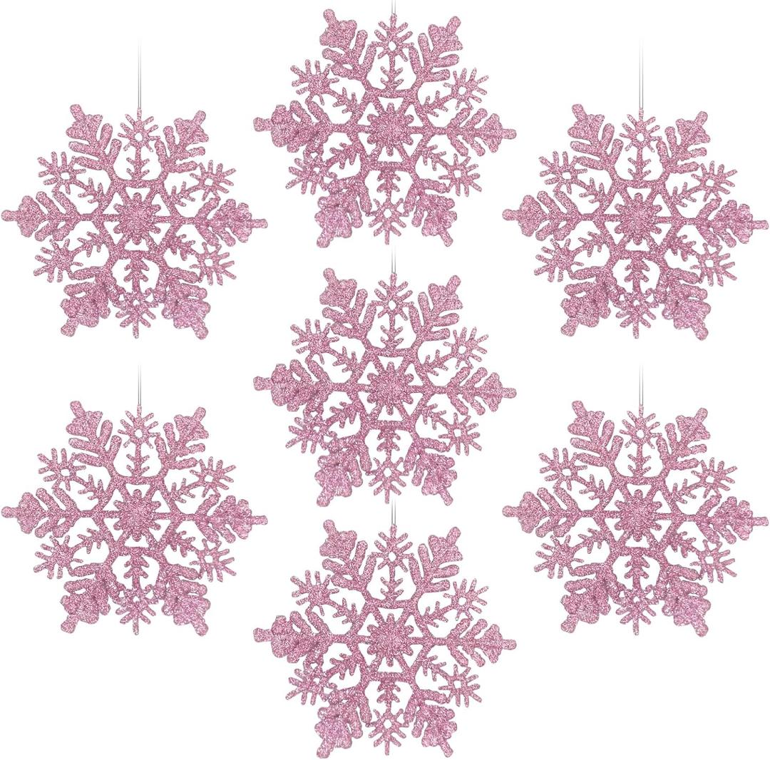 AMS 30ct 4''/100mm Plastic Glittered Snowflake Ornaments Sparkling Christmas Tree Decorations for Wedding,Thanksgiving,Party(Pink)