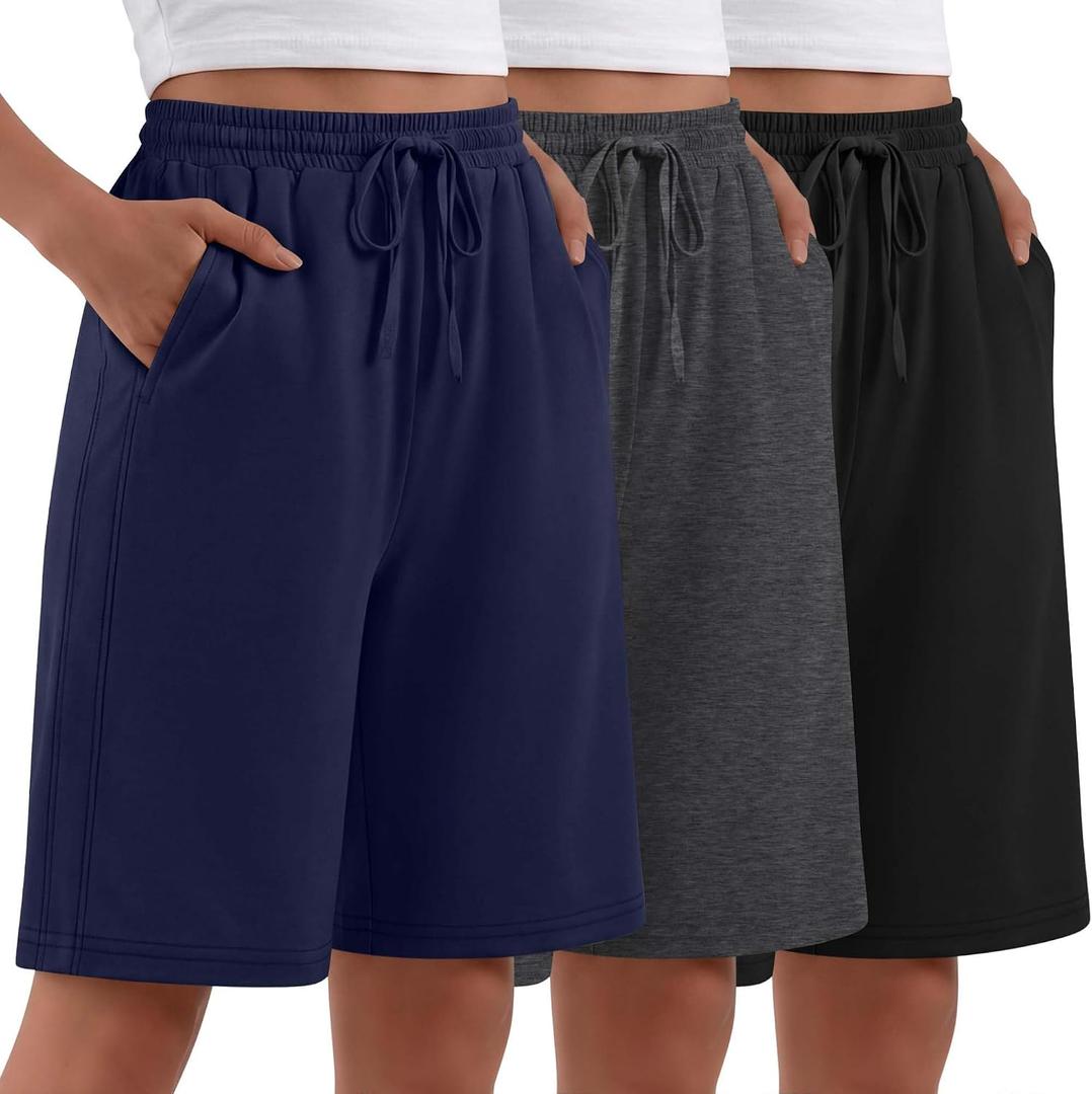 Evervibe 3 Pack Women's Bermuda Shorts Summer Drawstring Elastic Waisted Comfy Casual Sweat Long Shorts (Black, XL)