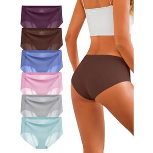 Women's Seamless Underwear No Show Panties Invisible Ladies Hipster Breathable Briefs 6 Pack (Dark Purple/Brown/Grey/Blue/Light Blue/Pink)