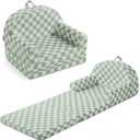 Blissful Diary Foldable Toddler Couch, 2-in-1 Comfy Toddler Chair & Lounger for Reading, Playroom, Kids Couch Sofa for Girls Boys Birthday Gift, Sage Checkered