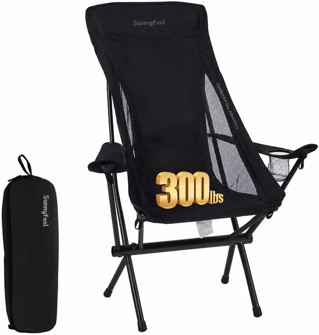 SUNNYFEEL Lightweight Folding Camping Chair, Portable Backpacking Chair with Head Support & Cup Holder, Stable Aluminum Beach Chair for Outdoor Camping, Hiking, Travel, Picnic, Fishing, 300 LBS, Black