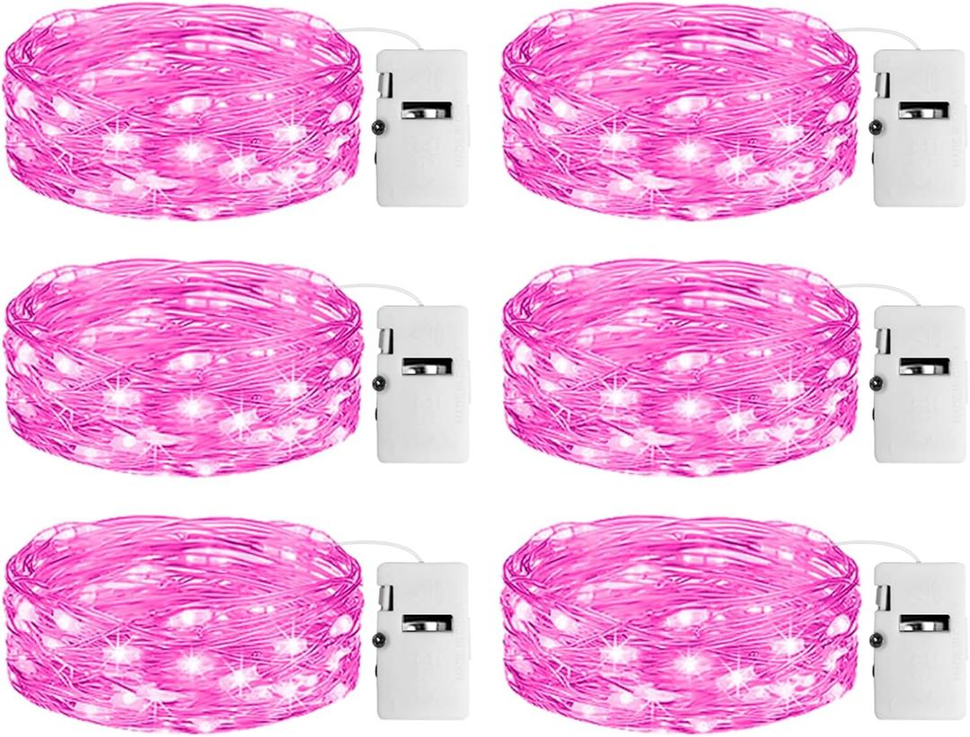 6 Pack Fairy Lights with Timer Battery Operated, 3 Modes 7ft Mini Twinkle Lights Waterproof, 20 LED Bulk String Light for Mason Jars Christmas Decoration Wedding Table Centerpieces, Rink (Pink)