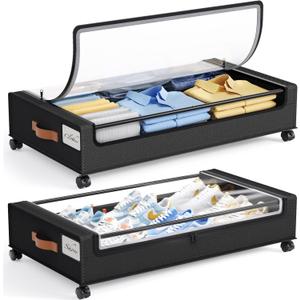 Yecaye 60L Under Bed Storage with Wheels, 2 Pack Under Bed Storage Containers, Underbed Shoe Storage with Clear Window & Label, Rolling Under Bed Metal Drawer for Clothes, Shoes, Toys, Books, Black