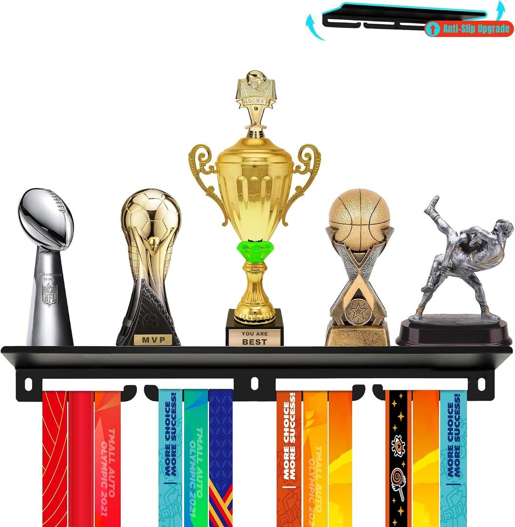 Medal Hanger Display with Trophy Shelf - Durable Metal Rack for Award Ribbon Hanger Holds Up to 16 Medals 5 Trophies - Ideal for Sports Fan and Daily Use Christmas Halloween and Birthday Gifts