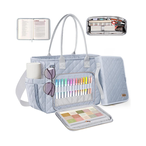 Large Bible Bag with Bible Cover Case for Women, Church Bag with Shoulder Strap, Quilted Bible Cover for Bible Study Supplies, a Christian Gift for Women, Blue