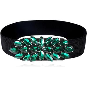 Women Big Rhinestone Belts Sparkly Crystal Belts Wide Stretchy Elastic Belt for Ladies Dresses (L-XL(32~37"), Classic Green)
