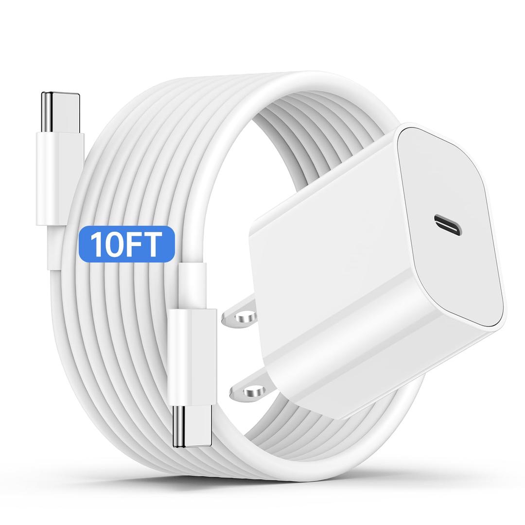 iPhone 17 16 15 Fast Charger and 10ft Type C to C Cable Cord Long, 20W USB C Charging Block Plug for Apple iPhone 17 Pro Max/ 17 Air/ 16 Pro/ 16 Plus/ 15 Pro/ 15 Mini/ iPad Power Adapter Cube Brick/ AirPods
