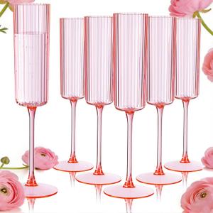 Ciaell 24 Pack Pink Plastic Champagne Flutes - 6oz Ribbed Disposable Champagne Glasses - Pink Vintage Mimosa Glasses with Long Stem, Elegant & Lightweight for Weddings and Party