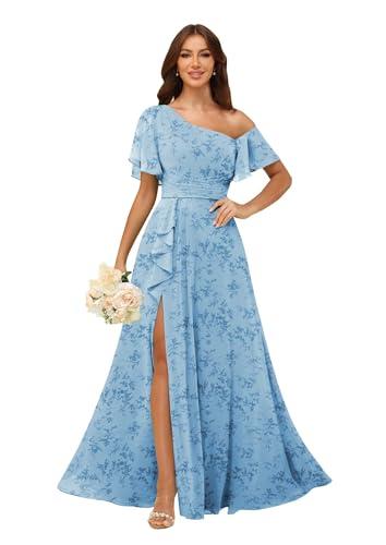 Chiffon Bridesmaid Dresses for Women Floral One Shoulder Ruffle Formal Evening Gown with Pockets Floral Blue Size 14