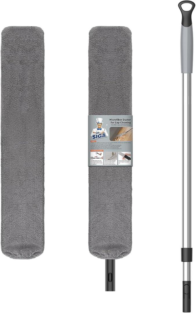MR.SIGA Flexible Microfiber Long Duster for Gap Cleaning, Stainless Steel Adjustable Handle, Washable Gap Cleaning Duster Gray, 9*1.5*118cm