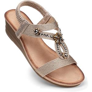 SHIBEVER Women's Wedge Sandals Flower Low Heel Dressy Sandals Elastic Ankle Strap Rhinestone Summer Comfortable Shoe (6.5, Bronze)